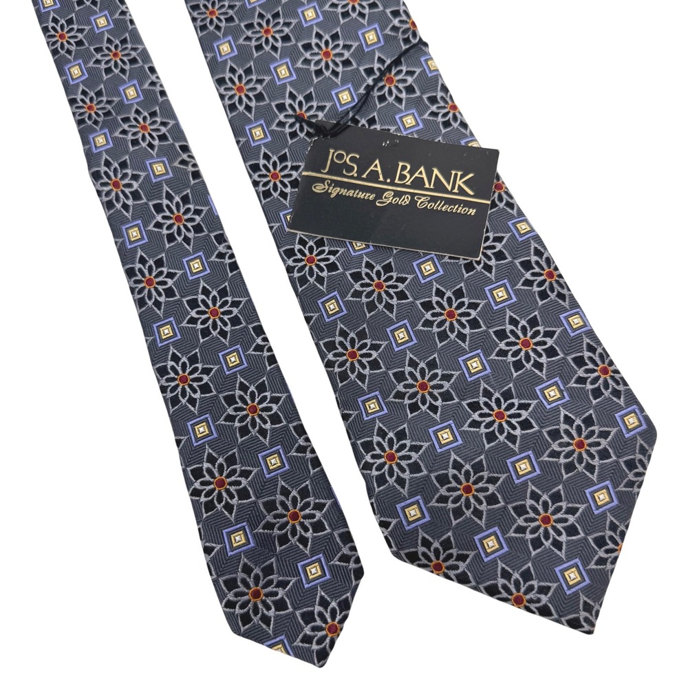Jos A Bank Signature Gold Collection Silk Tie Grey Floral Medallion NEW